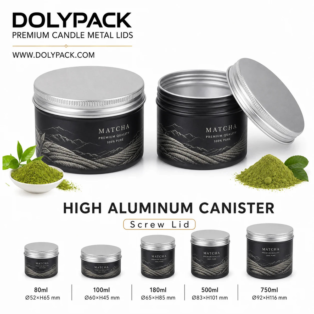 Custom Color aluminum tea powder canister with screw lid in black and silver custom printed motif look for matcha tea coffee MegaBDM