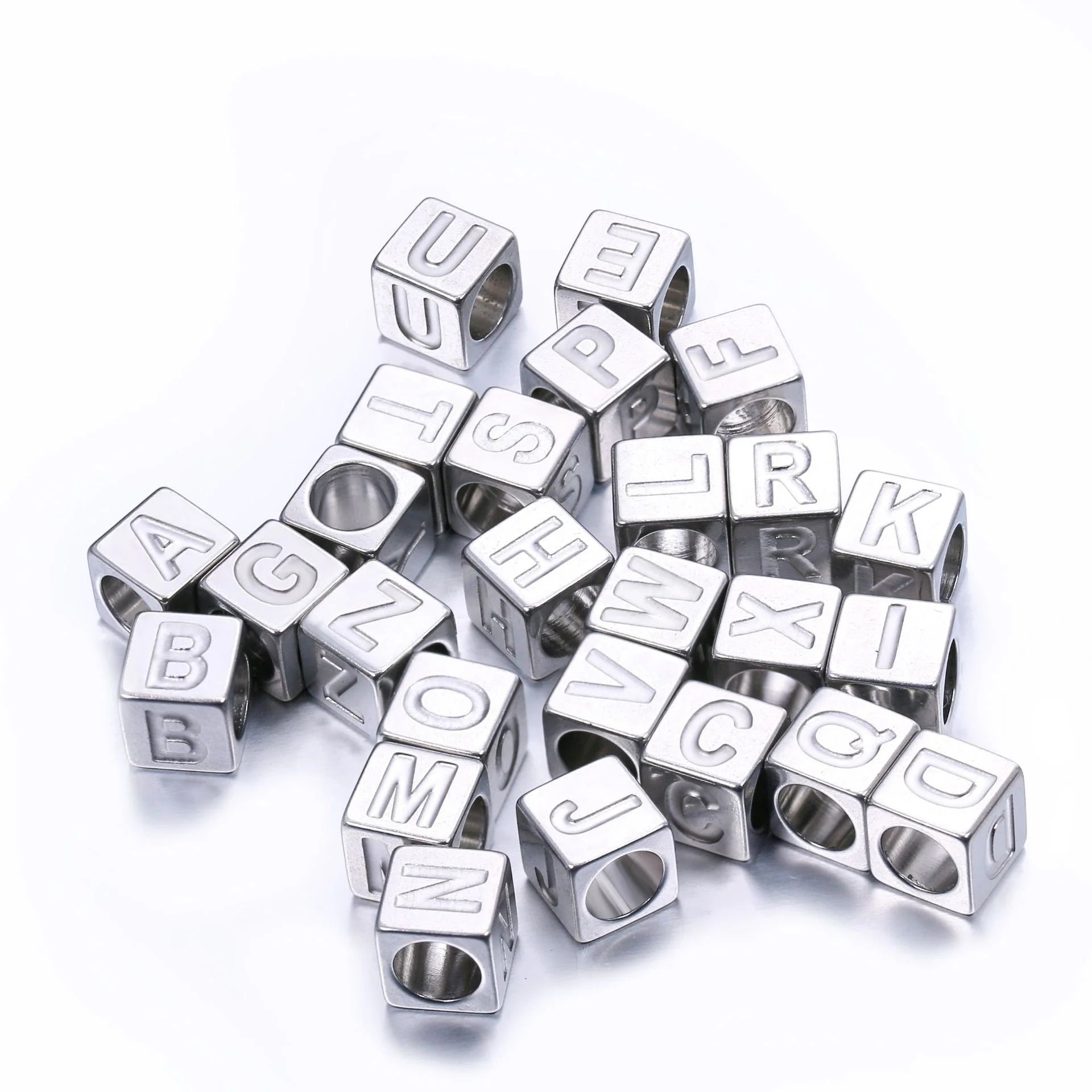 Fashion Jewelry Stainless Steel 26 Letter 7mm Square Beads for Bracelets Necklaces