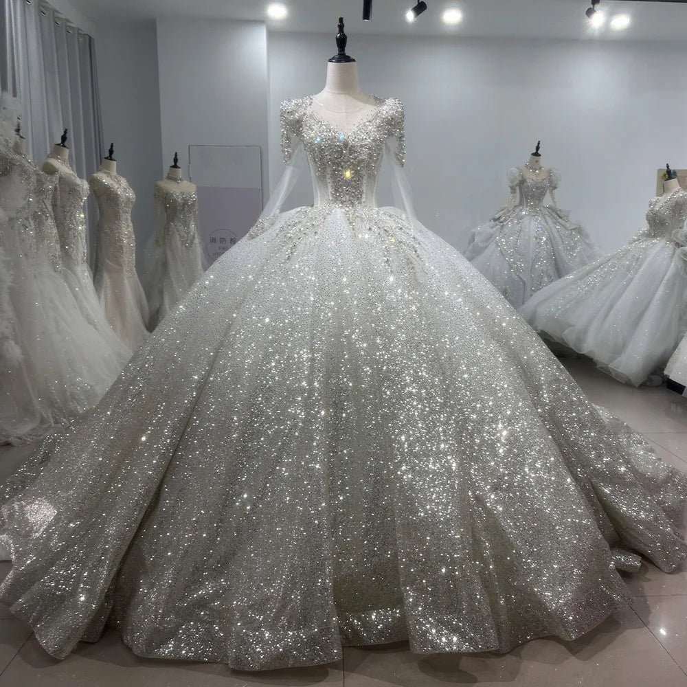 For Jancember XS081 Women's Modern Wedding Dress Glitter Long Sleeve Beaded Ball Gown Sequins Crystal Lace Decorations Chapel Tr