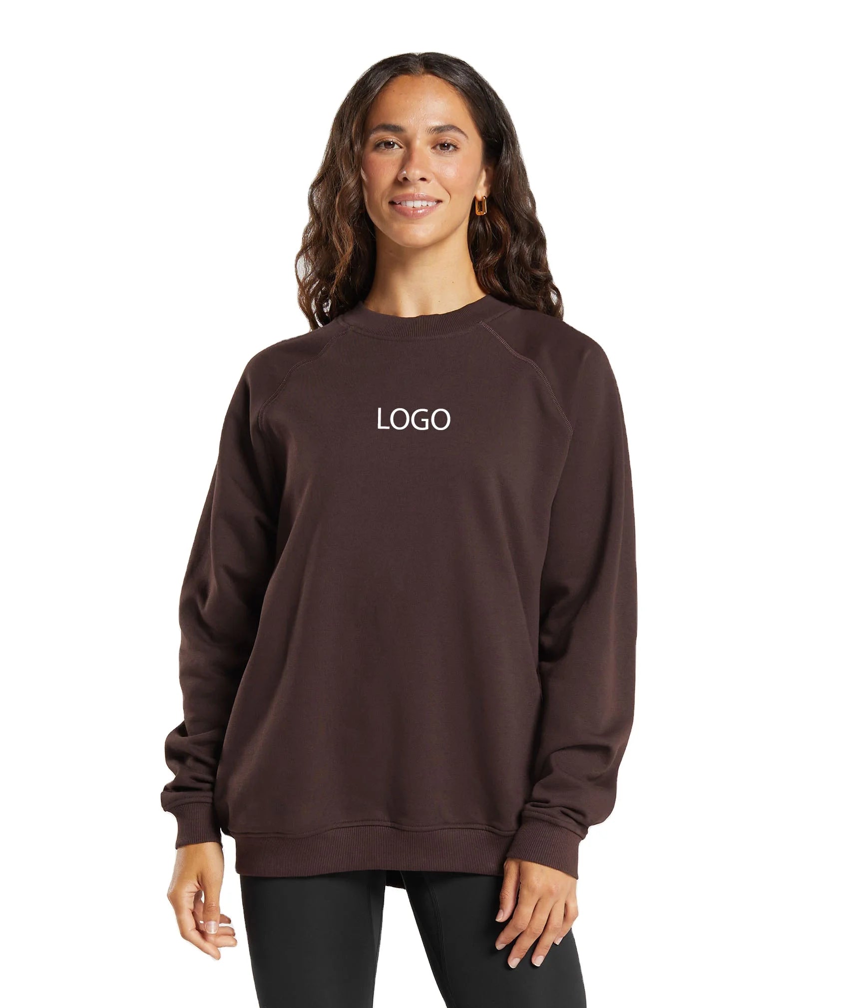 Brown Oversized Crewneck Sweatshirt 100% Cotton 350GSM Heavyweight Drop Shoulder Long Sleeve Pullover Casual Streetwear Fleece