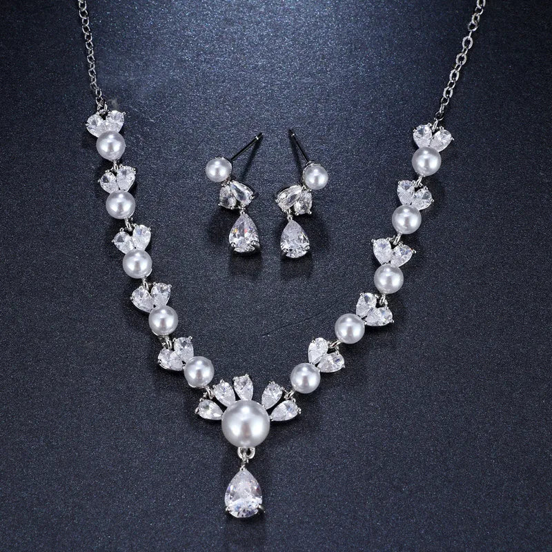 Wholesale Necklace Earring Cubic Zirconia Bridal Pearls Wedding Jewelry Set
