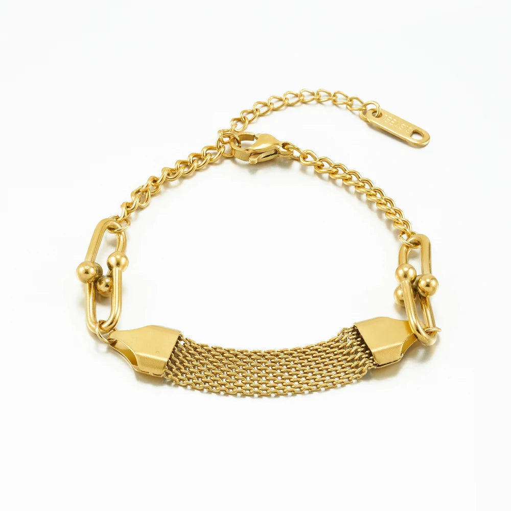 18K Gold Plated Stainless Steel Jewelry U-shape Charm Wide Mesh Watch Band Bracelet Waterproof for Women Bracelet B242487