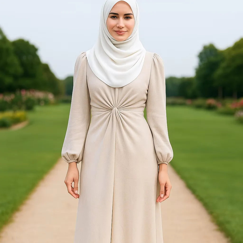YXD165 2026 Eid Tiktok Ig Modest Loose Linen Dress Waist Knot Design Lantern Sleeves Factory Price Wholesale