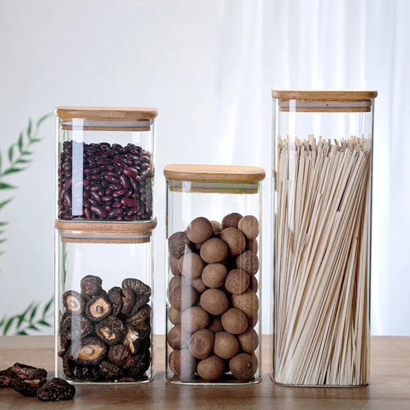 Kitchen Organizer 900ml 1200ml 1500ml 2000ml Transparent Food Storage Empty Glass Jar with Bamboo Lid