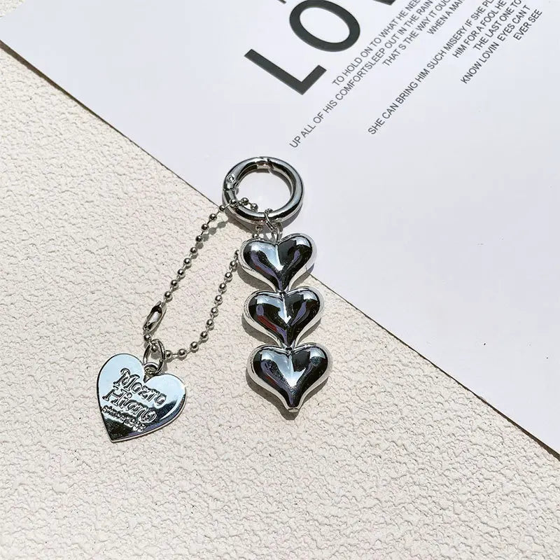 Silver Gold Heart Bead Zinc Alloy Keychain with UV Printing-Vintage Cartoon Fashion Bag Charm Phone Pendant Gift for Women