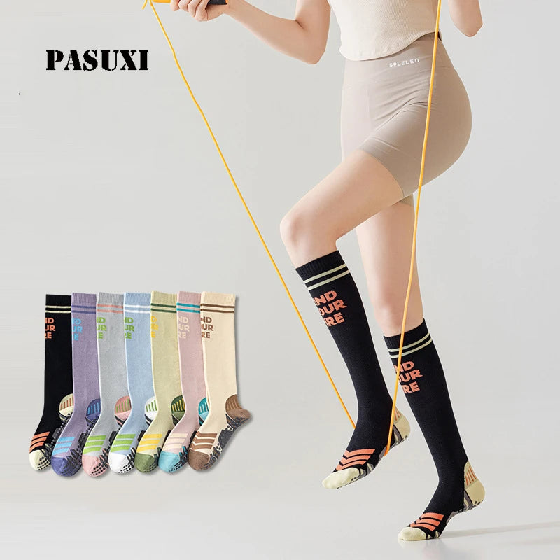 PASUXI Women's Calf Compression Socks Non-Slip Yoga Pilates Grip Socks Moisture-Wicking Long Sports Socks for Running Cycling