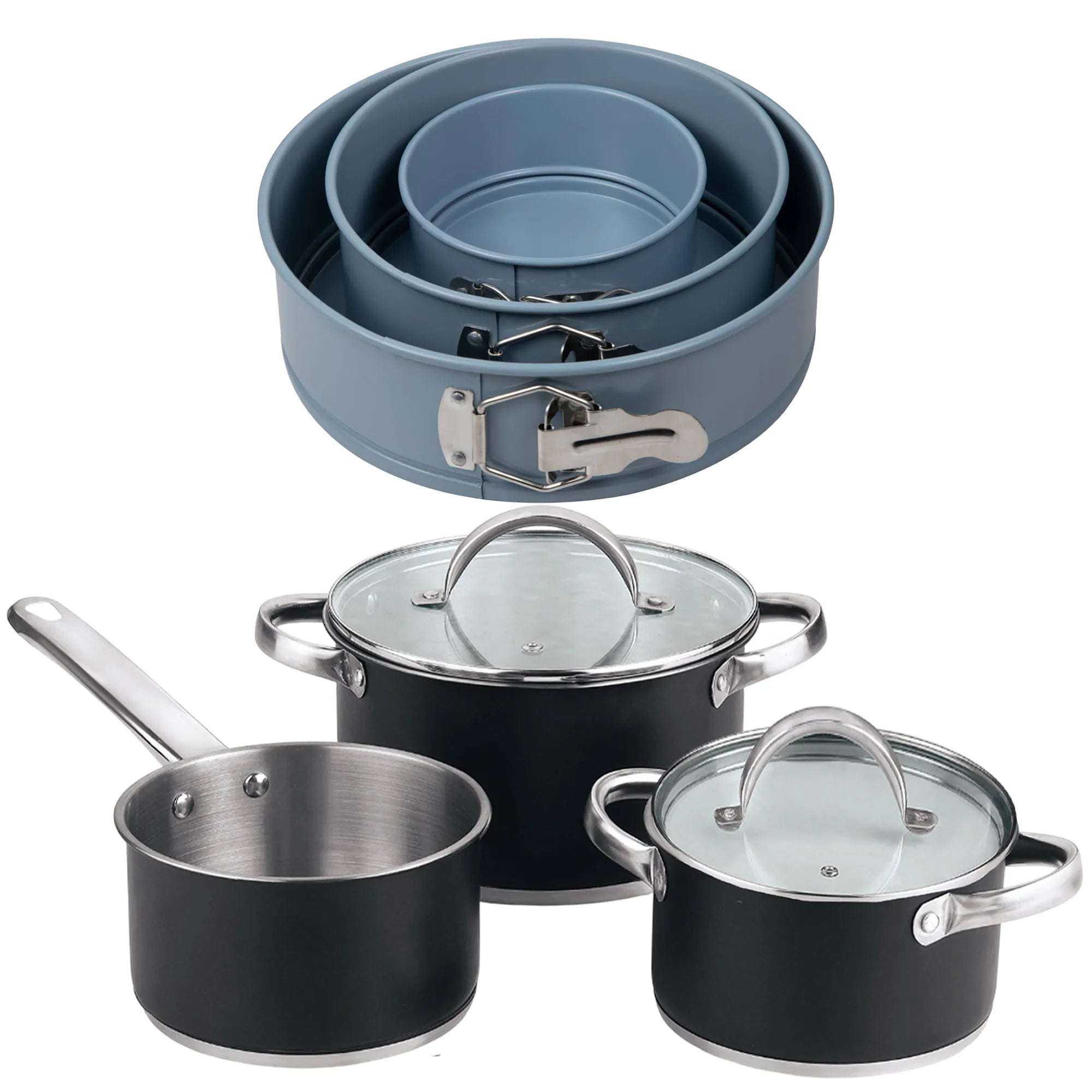 5-piece cookware set (2 saucepans with lids + saucepan) stainless steel with coating + Set of 3 round baking pans 121822cm