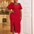 Red Ruffle Sleeve Asymmetric Bow Side Slit Evening Dress for Christmas