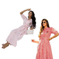 KY Women's Half Short Sleeve Waist Tie Button Stripe Chemise Classic Embroidery Long Solid Pattern Logo on Back Size 6XL Dress