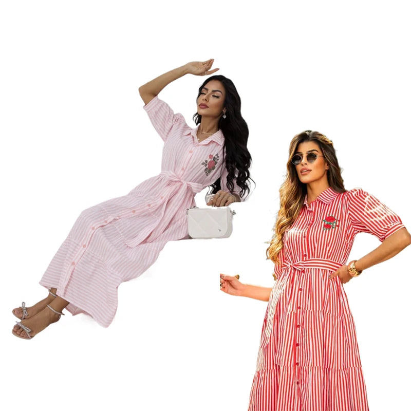 KY Women's Half Short Sleeve Waist Tie Button Stripe Chemise Classic Embroidery Long Solid Pattern Logo on Back Size 6XL Dress