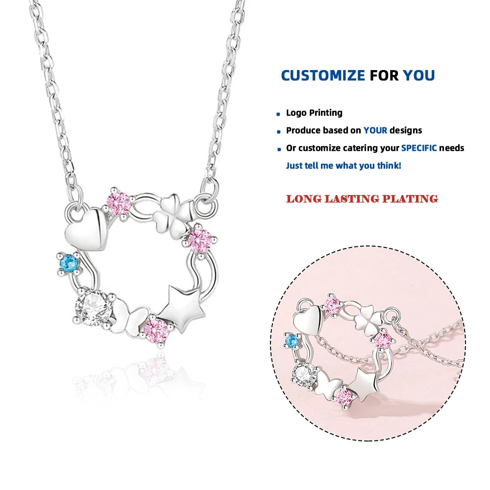 FDXZ-204 New Love Fairy Simplicity S925 Sterling Silver Butterfly Star Garland Necklace Colorful Delicate Gift for Girlfriend
