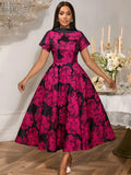 AM050958 Elegant Stand Neck Short Sleeve a Line Dresses Backless Jacquard Formal Women's Evening Party Dress Midi Length