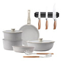 10-Piece Beige Cookware Set with Removable Handles 3 Frying Pans 2 Saucepans Lids and Utensils + 3 Stainless Steel Knives