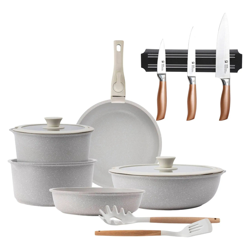 10-Piece Beige Cookware Set with Removable Handles 3 Frying Pans 2 Saucepans Lids and Utensils + 3 Stainless Steel Knives