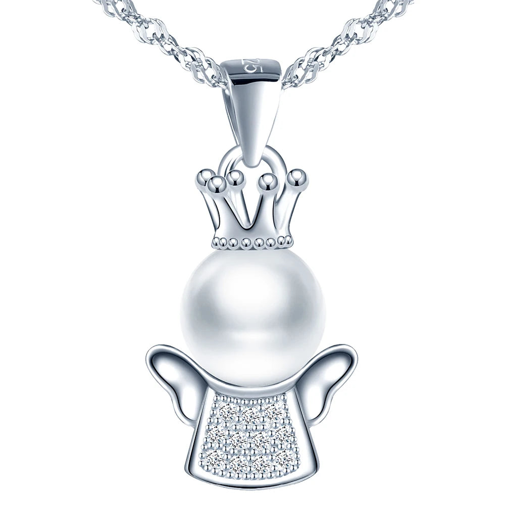 Pearl Zircon Cute Crown Little Angel 925 Silver Gold Plated Trendy Wedding Engagement Pendant Necklace for Women