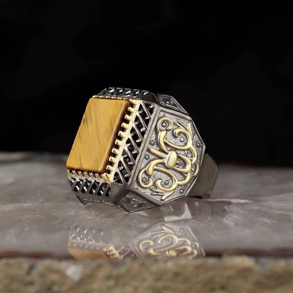New Arrival Men's 925 Sterling Silver Ottoman Style Ring Bi-Color Rhodium and Gold Designed in Turkey Model RCEGYT-094