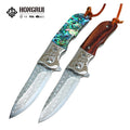 Hongrui New Desgin Survival Knife CNC Damascus Hunting Folding Knife High Quality Abalone Shells Wood Handle for Camping