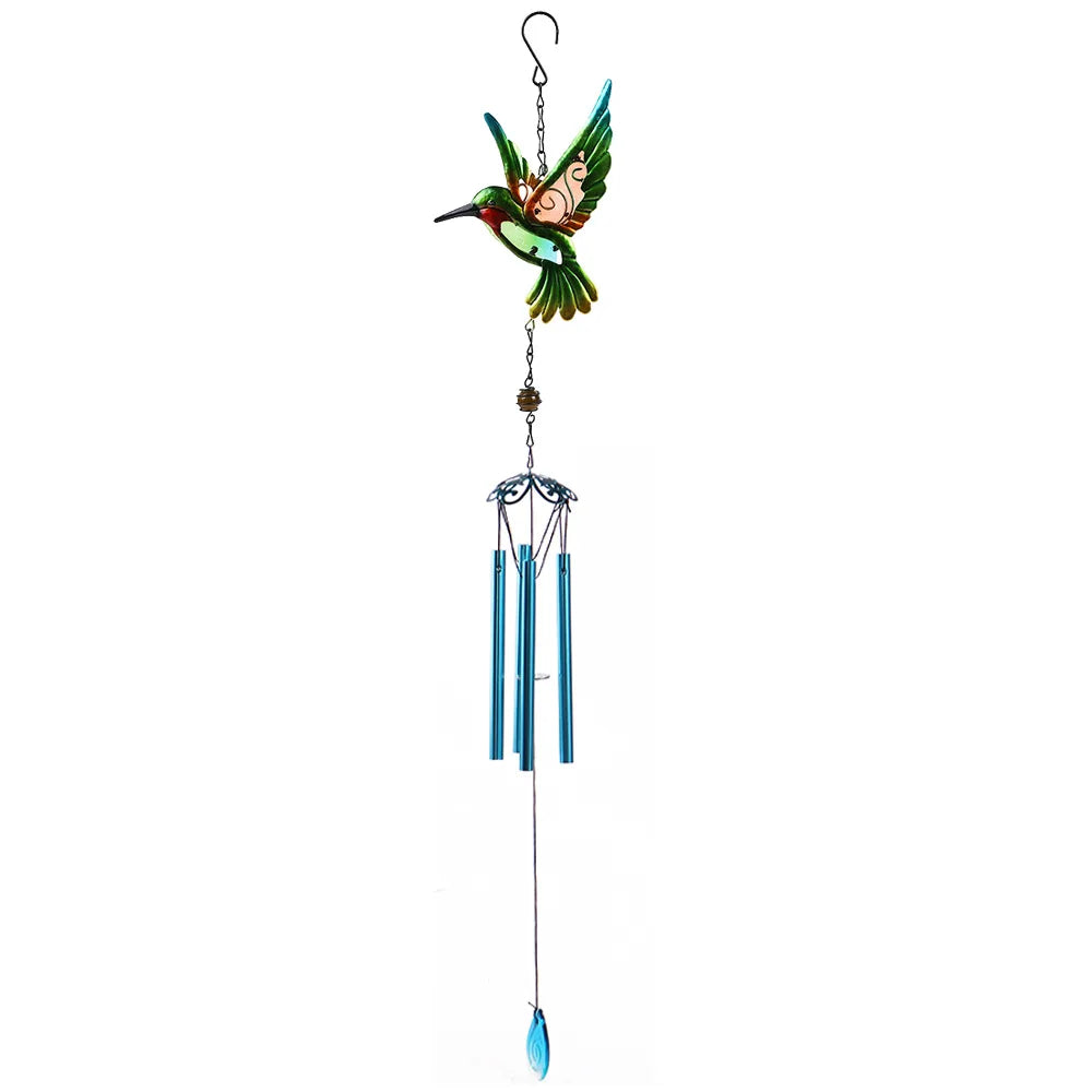 Metal Hummingbird Hanging Wind Chime with Colorful Glass Details - Garden Decor