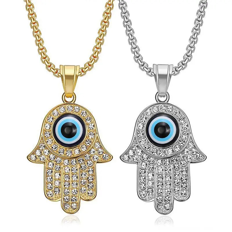Vintage Blue Evil Eyes Palm Turkish Gold Plated Zirconia Pendant Hand Chain Necklace MegaBDM