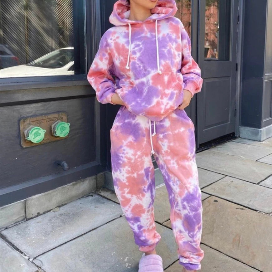 Custom Plus Size Winter Tie Dye Loungewear Women Tracksuit Lounge Wear Hoodies Suit and Joggers Pant Set for Ladies