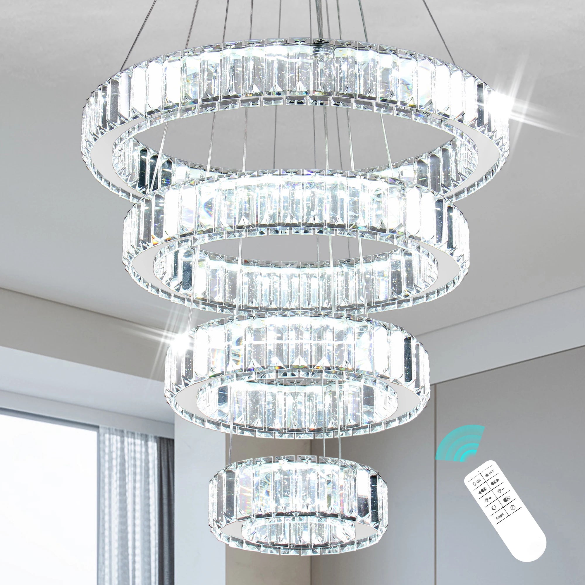 Dimmable Modern LED Chandelier with Remote 4 Ring Pendant Light Crystal Chandeliers for Dining Room Bedroom Living Room