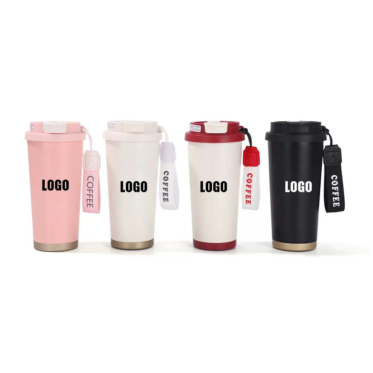 500ml Stainless Steel Double Wall Coffee Mug with Gold UV Printing Insulated BPA-free Leak Proof Water Bottle with Rope Handle