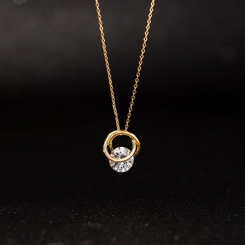 Luxury Elegant Double Circles with Shining Diamond Silver and Gold Plated Pendants Necklace Trendy Collarbone Chain for Women