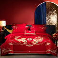 OEM Romantic Red Couple Duvet Cover Gold Embroidery Pillowcases Bed Sheets 4-piece Home Textile Bride Bedding Set Manufacturer