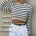Long Sleeve Crop Top Femme O Neck Women's Knitting Contrast Color Striped Long Sleeve Sweater