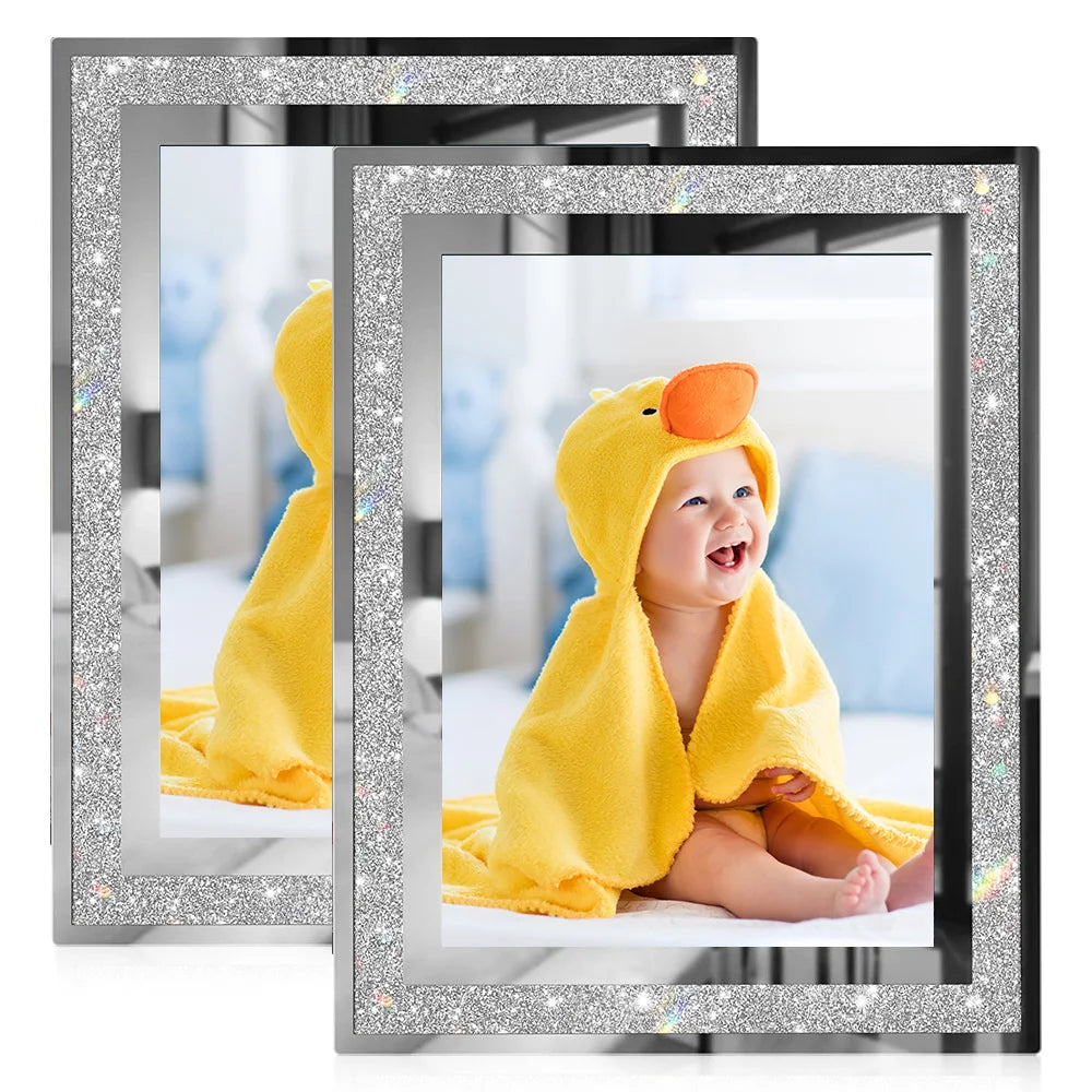 5x7 Glass Picture Frames Set of 2 for Gift Glitter Glass Photo Frame for Tabletop Display 8x10 Picture Frame