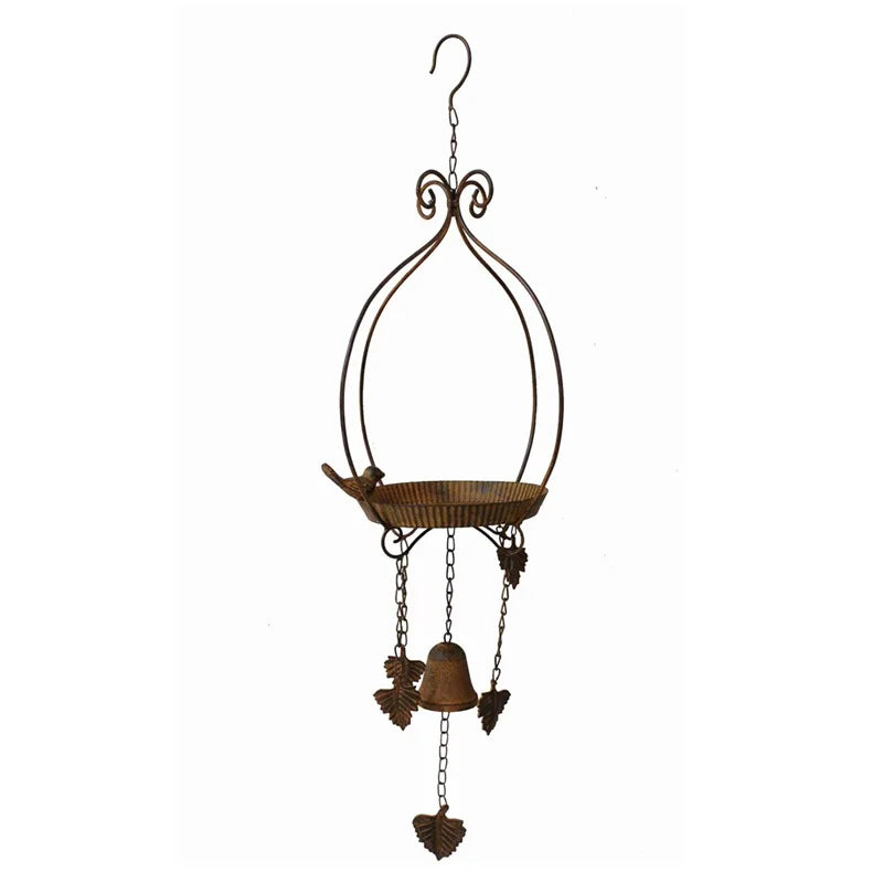 Vintage Hanging Metal Bird Feeder with Bell Decoration Rustic Iron Bird Bath Tray for Garden Patio Yard Outdoor Ornament
