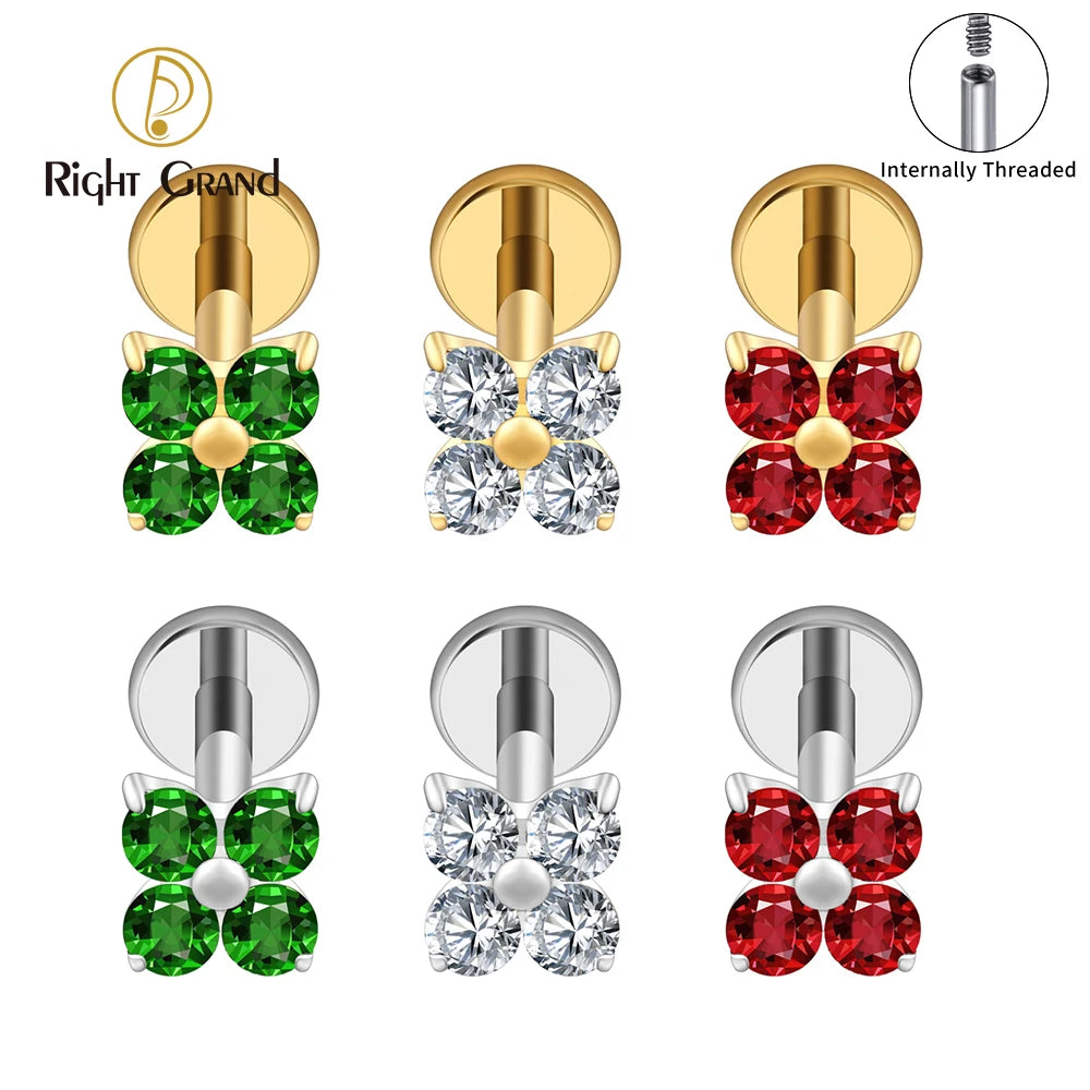 Titanium Internal Thread Flower CZ Cartilage Earring 16G Four Leaf Helix Tragus Stud Flat Back Labret Piercing Jewelry
