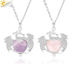 CSJA Fashion Jewelry Charms Tiger Eye Rose Quartz Amethysts Dragon Heart Real Natural Stone Pendant Crystals Necklaces H289