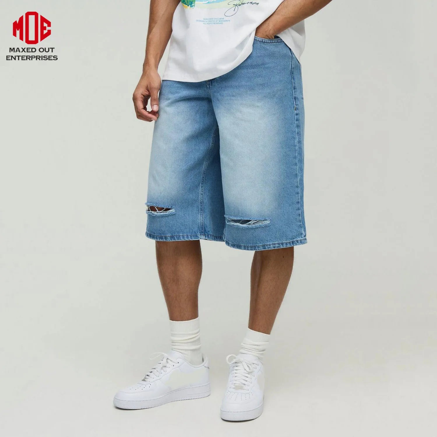 Men's Casual Summer Fashion Jorts Light Wash Distressed Denim Frayed Ripped Details Mid Knee Shorts Embroidery 100% Cotton Quick