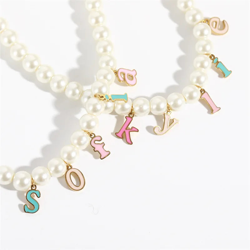 Fashion Trendy Cute Fancy 26 Letter Initial Alphabet Enamel Pendant Pearl Beaded DIY Custom Name Necklace Women Jewelry