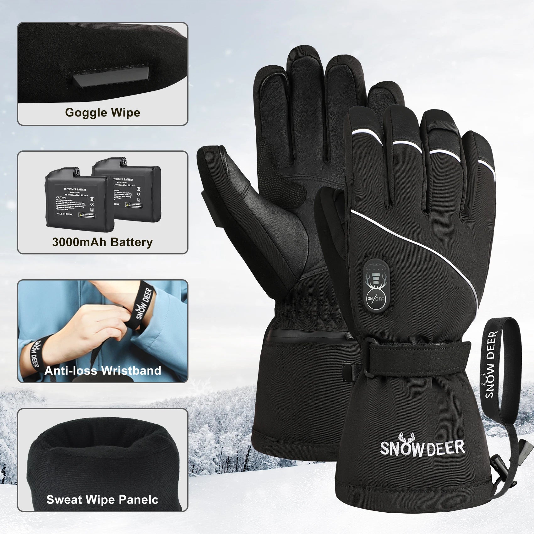 SNOW DEER Electric Heating Waterproof Touchscreen Compatible Unisex Heated Snowboarding Hiking Gloves