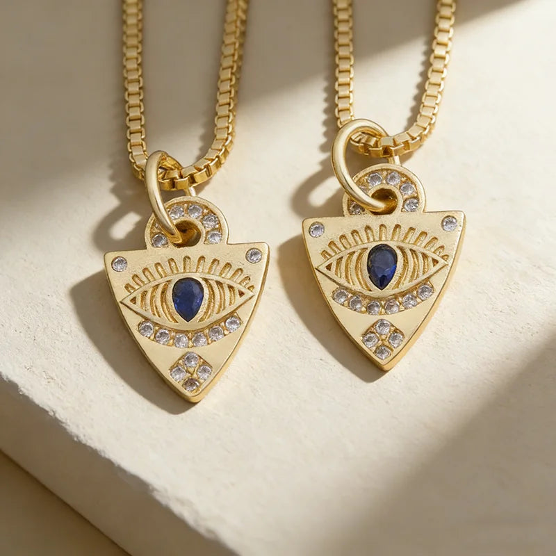 QIKU Wholesale Ancient Egypt Triangular Eye Copper Zircon Women Necklace Shiny Blue Rhinestone Pendant Jewelry Accessories Gift