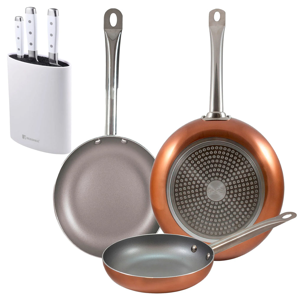 Set of 3 San Ignacio frying pans (18 22 26cm) pressed aluminum suitable for induction + Set of 3 stainless steel knives +