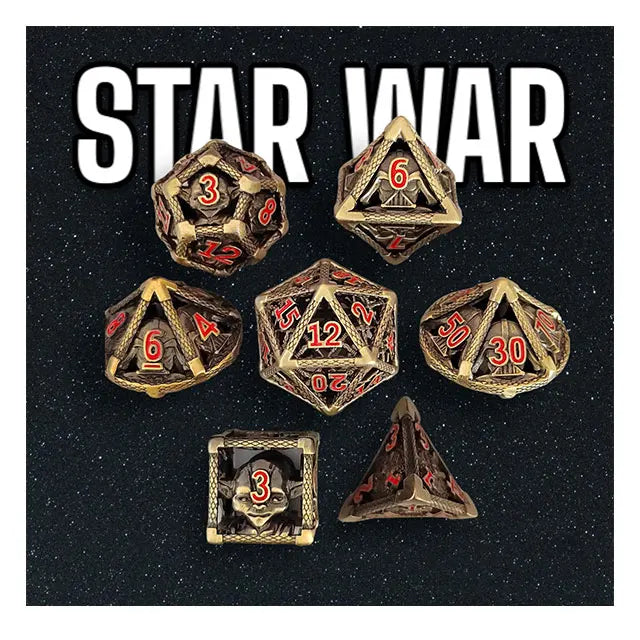 LM Custom Metal D&D Dice Hollow Stars Jedi RPG with Free Tin Box Featuring Custom Logo