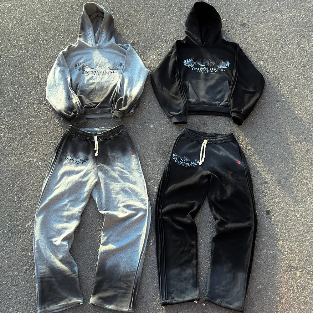 Men's Vintage Gradient Wash 100% Cotton Tracksuit Oversized Two-Piece Streetwear Outfit Hoodie and Pants Set Woven Weave