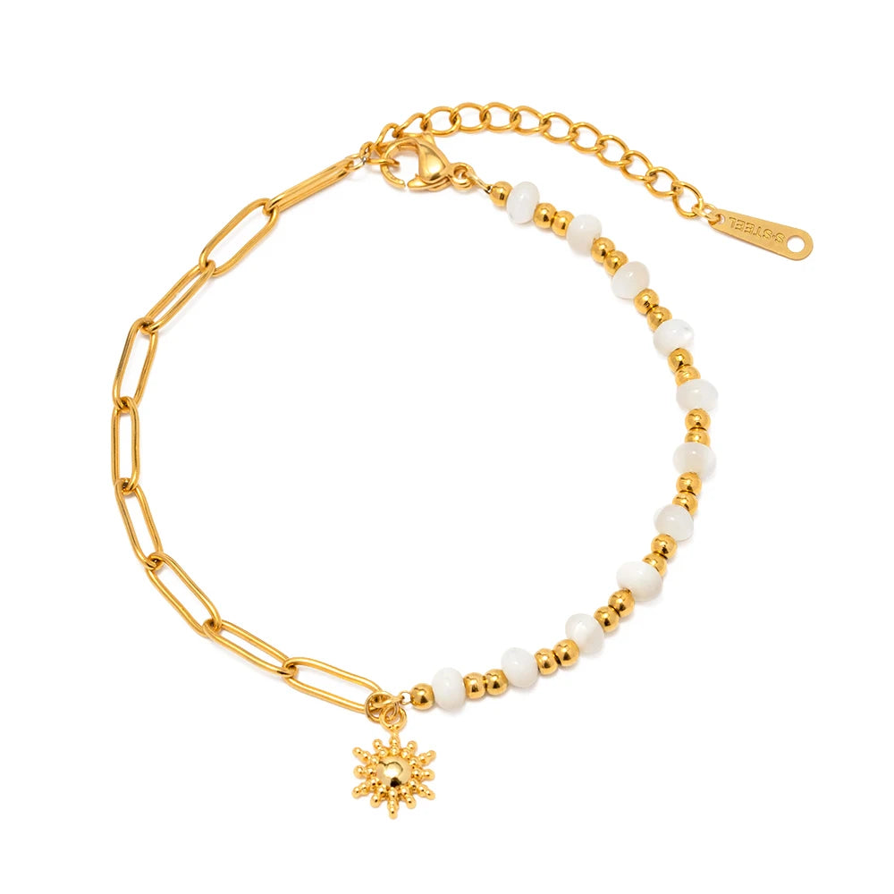 New Design Sunflower Shell Beads Pendant Bracelet Stainless Steel Gold Plated Paperclip Chain MegaBDM