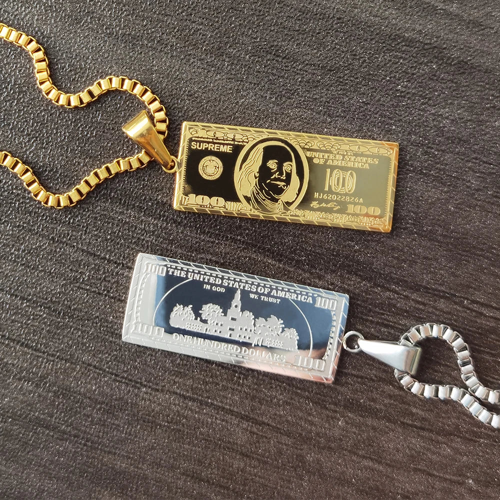 Gold Stainless Steel Rich Dollars Bill One Million Us Money Pendant Necklace Pendant Mens Necklace Hip Hop Dollar Sign Necklace