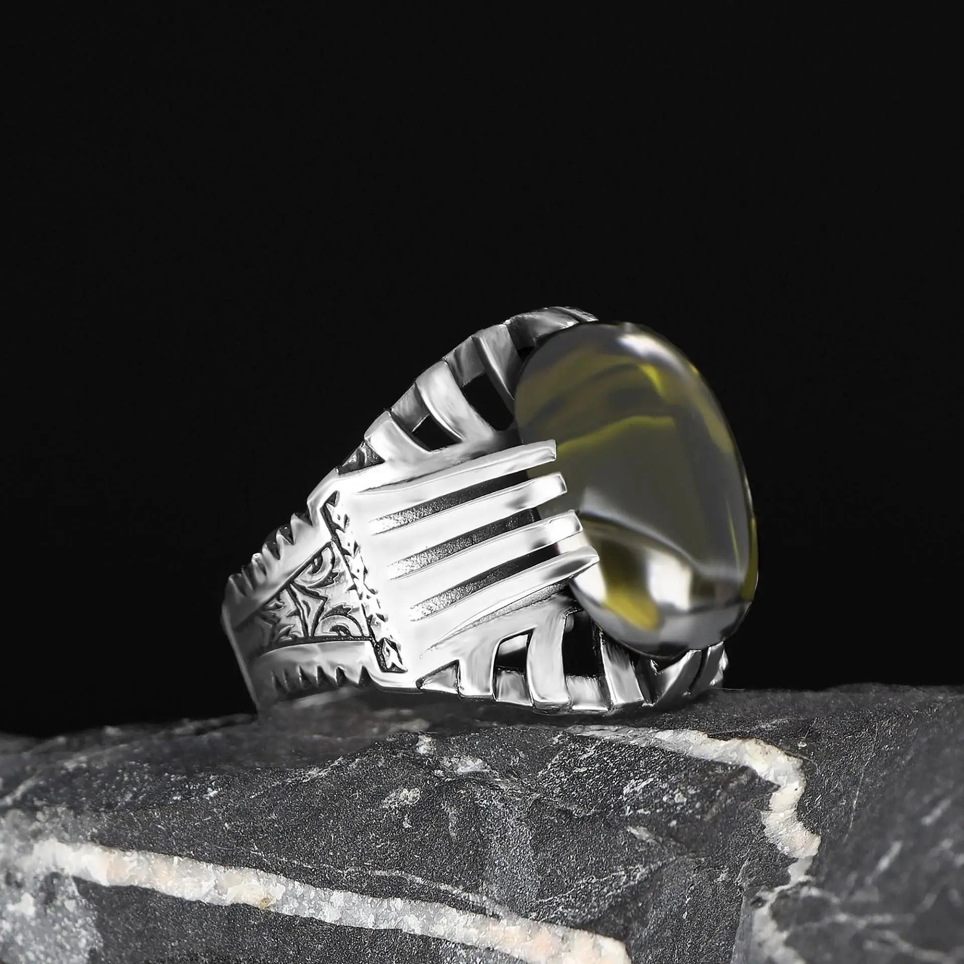 Turkish-Made Azuris 925 Sterling Silver Men's Ring Ottoman Style Natural Stone Model VALKH1975