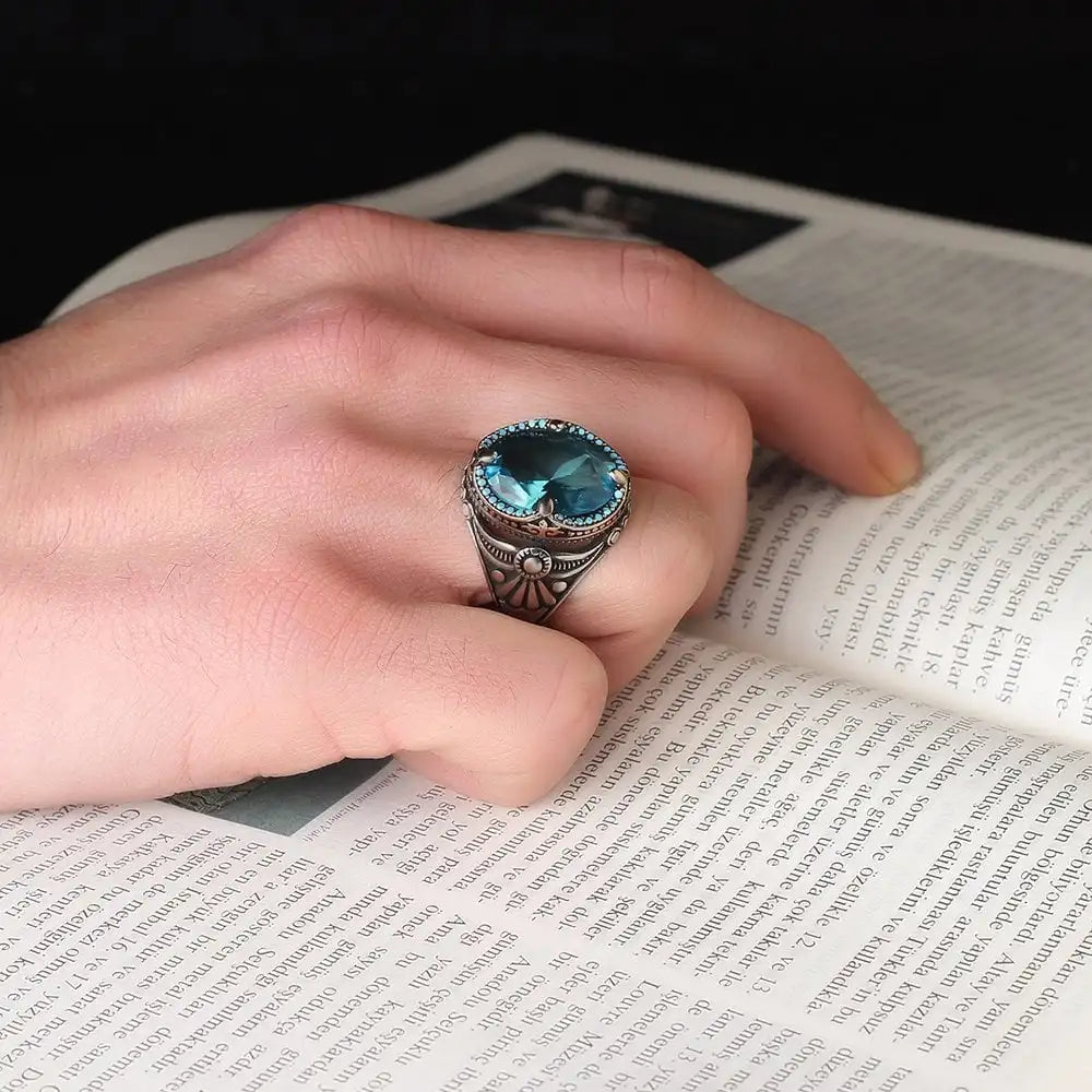 Azuris Turkish 925 Sterling Silver Men's Ottoman Style Ring with Natural Agate Stone Fine Jewelry VALKH1268