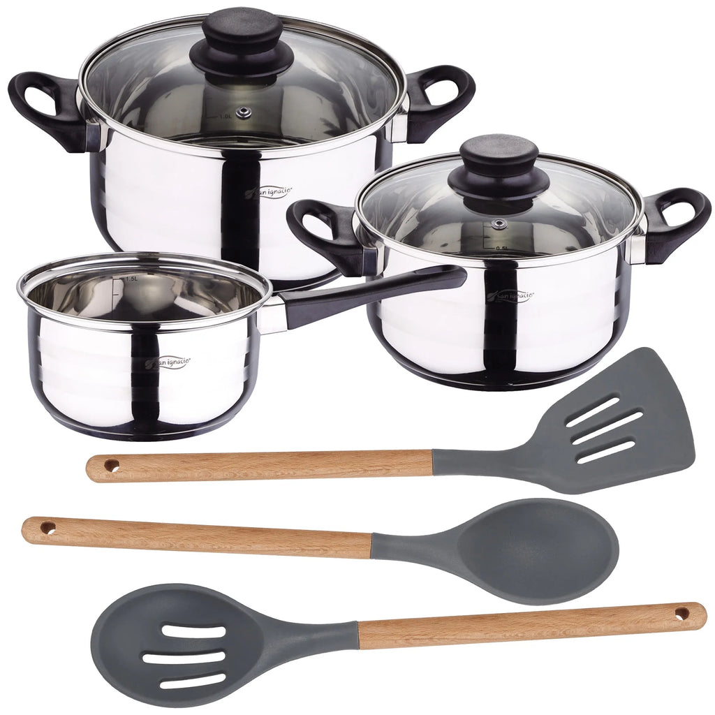 5-PIECE COOKWARE SET + 3-PIECE SILICONE AND WOOD KITCHEN UTENSILS SET