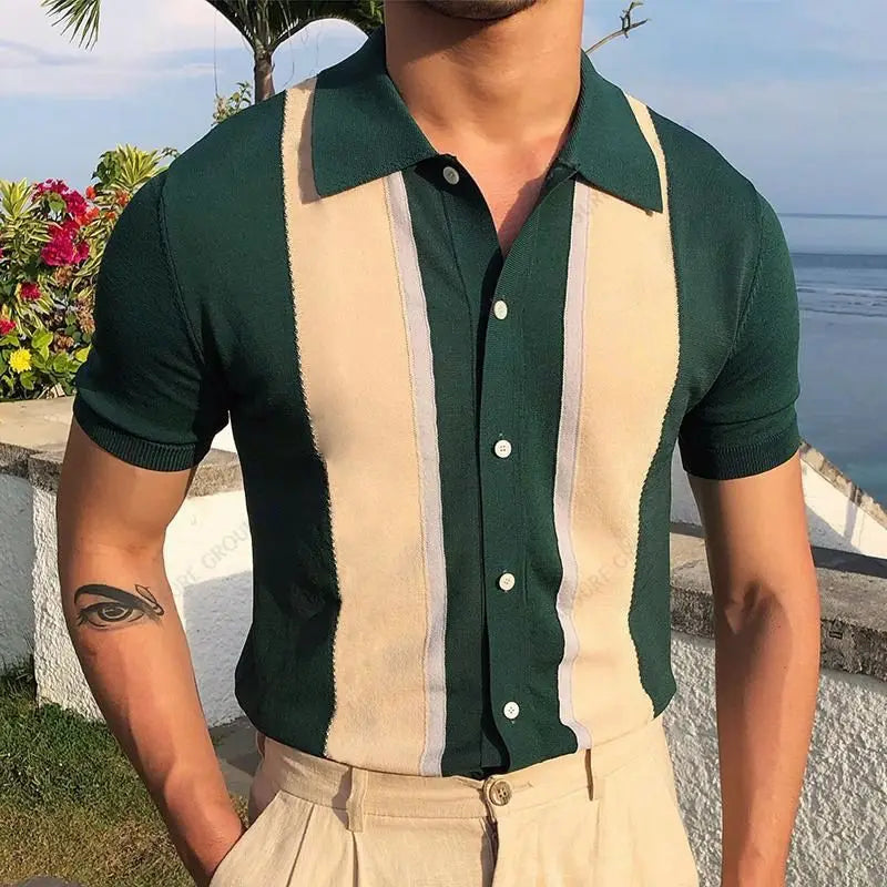 American Hot Sell Men's Custom Logo Belt Design Polo Shirts European Style Short Sleeve Elastic Knitting Tshirts