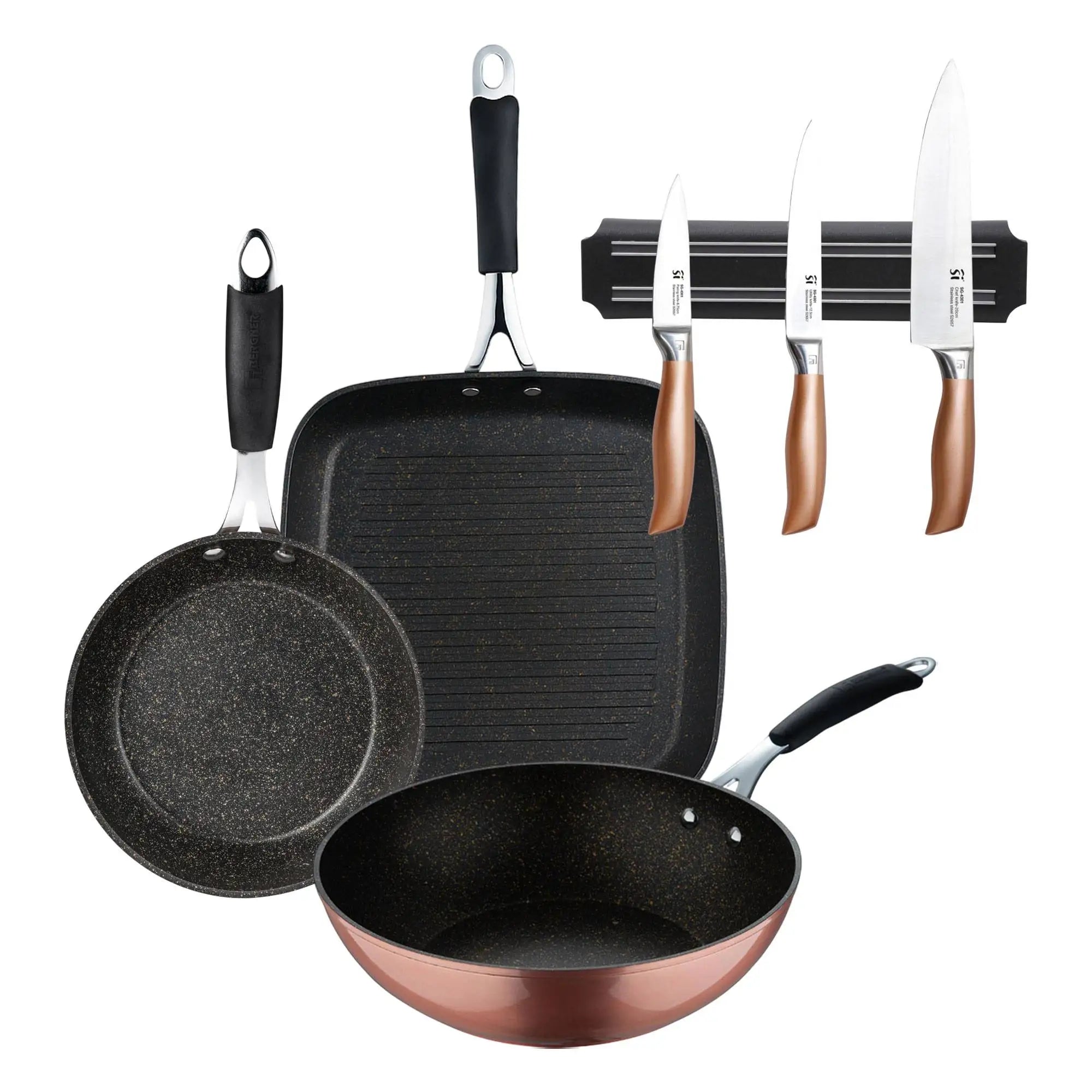 Set of 3 stainless steel kitchen knives + 28x28cm grill pan + 28cm wok + 20x4.5cm forged aluminum frying pan with Cooper