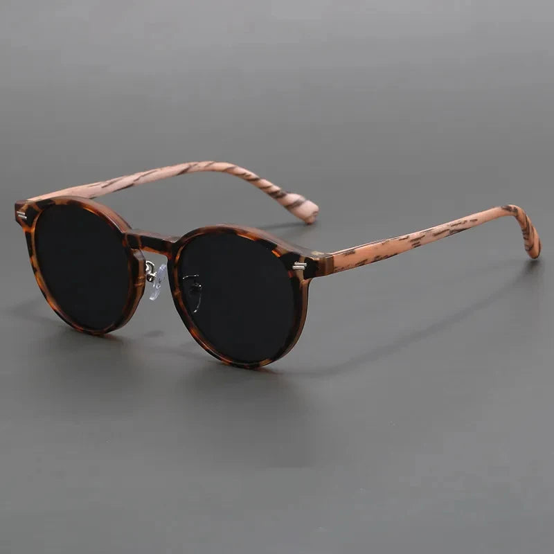Logo Custom 2025 Fashion Men Women Frosted Frame Circle Sunglasses UV400 Small Frame Wooden Grain Round Sun Glasses