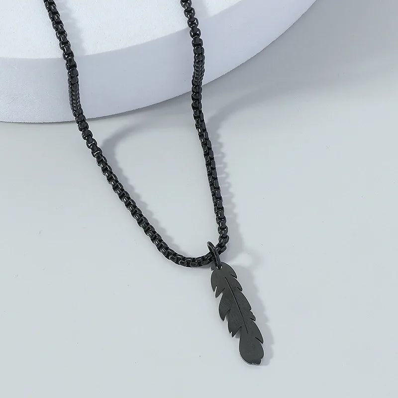 Waterproof Stainless Steel Black Feather Pendant Necklace for Men Hiphop Punk Rock Black Men's Necklace Wholesale