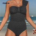 PASUXI Modest One-Shoulder Polka Dot Tummy Control Swimsuit for Women Conservative Belly-Covering Beachwear